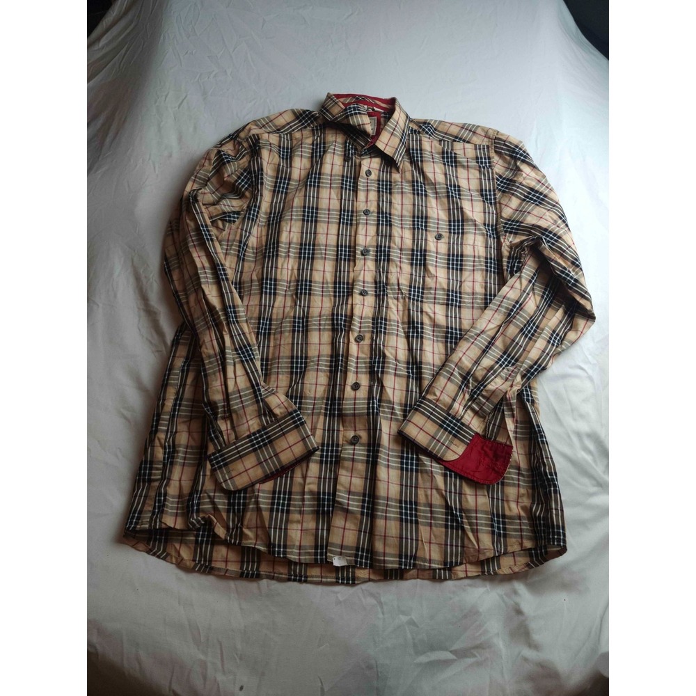 Haupt Dress Shirt Mens Large-16.5-41/42 Beige Plaid Woven Nova Check Long Sleeve